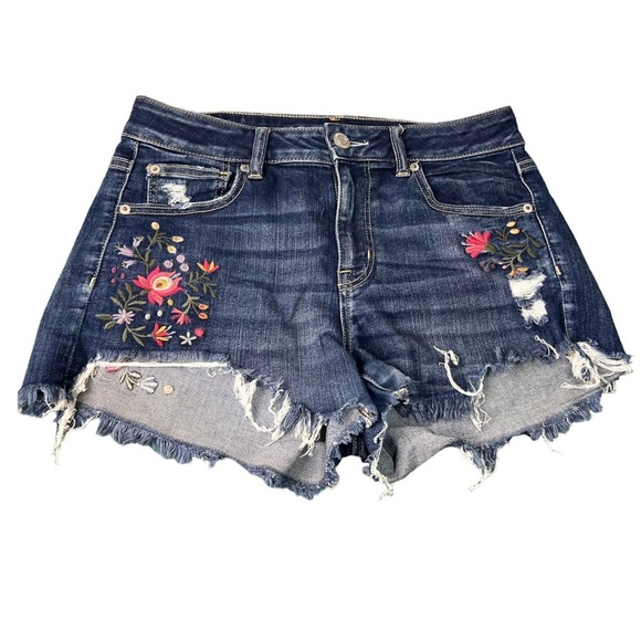 American Eagle Floral Embroidered Hi Rise Cut off Denim Jean Shorts Raw Hem 10 - Picture 2 of 15